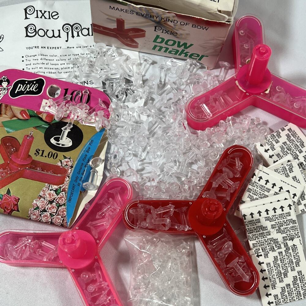 Vintage BIG LOT Pixie Bow Maker Kit 100s Bow Pins & Instructions Pink Red